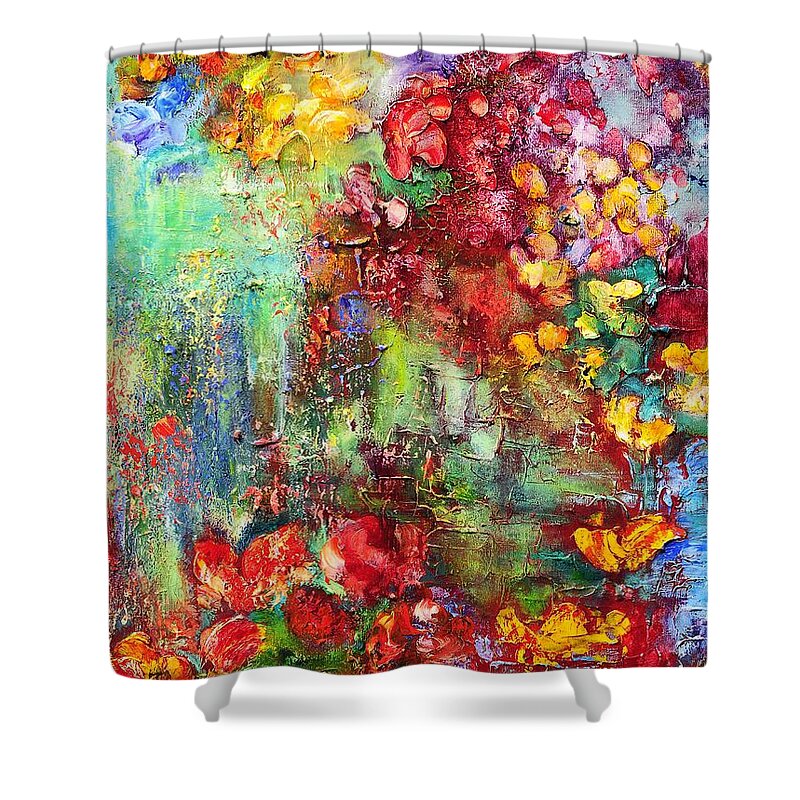 Abstract Shower Curtain featuring the painting House In The Garden by Teresa Wegrzyn