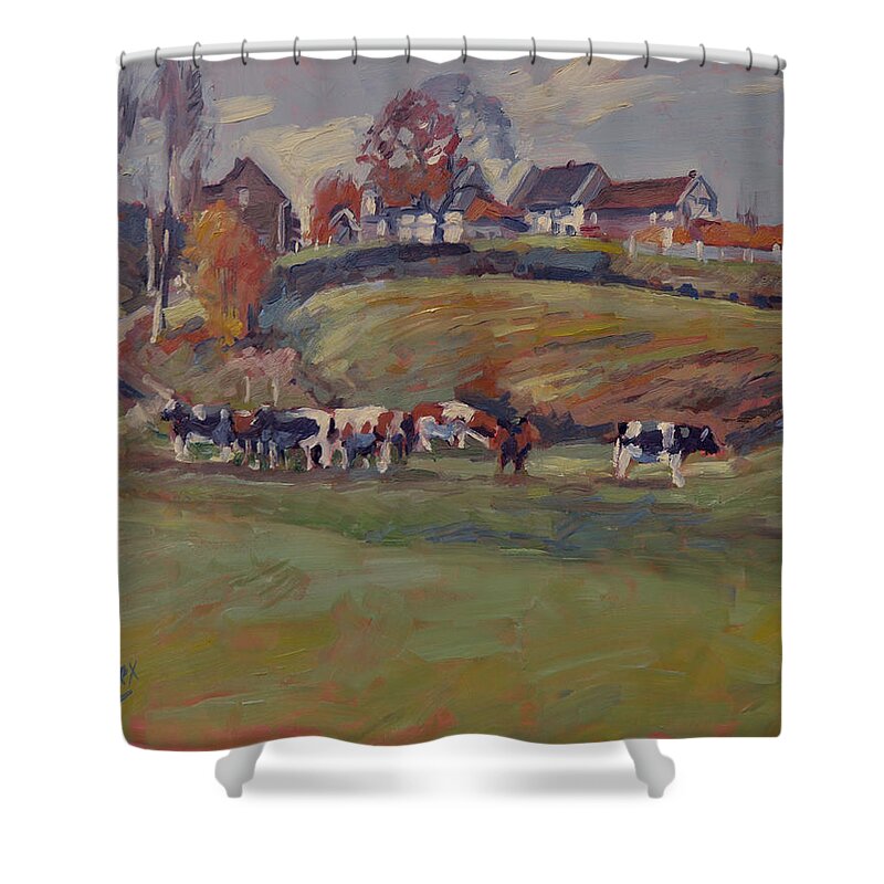 Schweiberg Shower Curtain featuring the painting Houses and cows in Schweiberg by Nop Briex