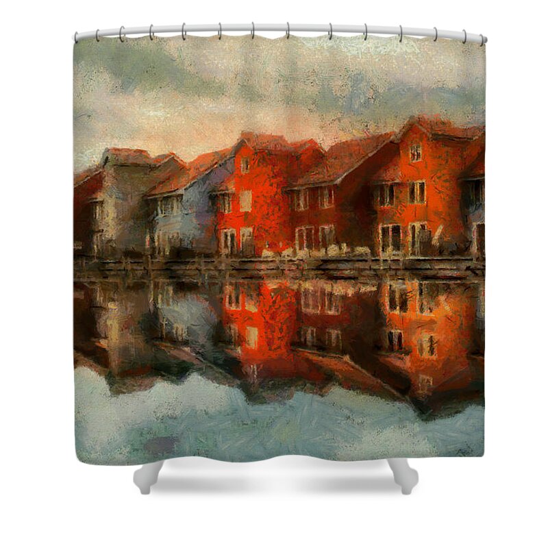 Landscape Shower Curtain featuring the painting Houses by the Sea by Kai Saarto