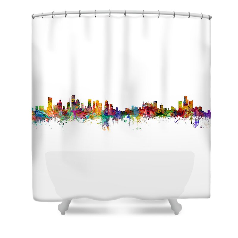 Detroit Shower Curtain featuring the digital art Houston Detroit Skylines Mashup by Michael Tompsett