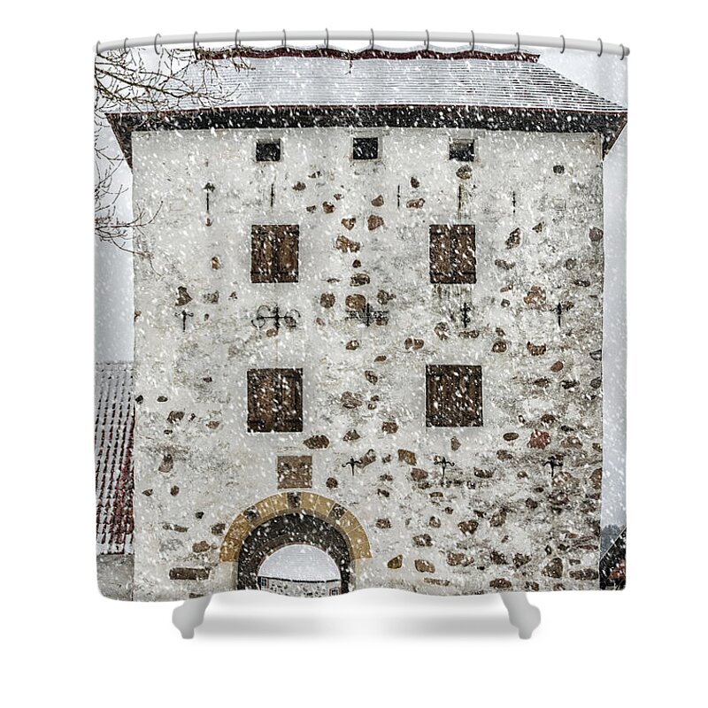 Winter Shower Curtain featuring the photograph Hovdala Slott Gatehouse in Winter by Antony McAulay
