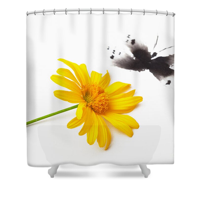Yellow Shower Curtain featuring the photograph Hovering Butterfly by Diane Macdonald
