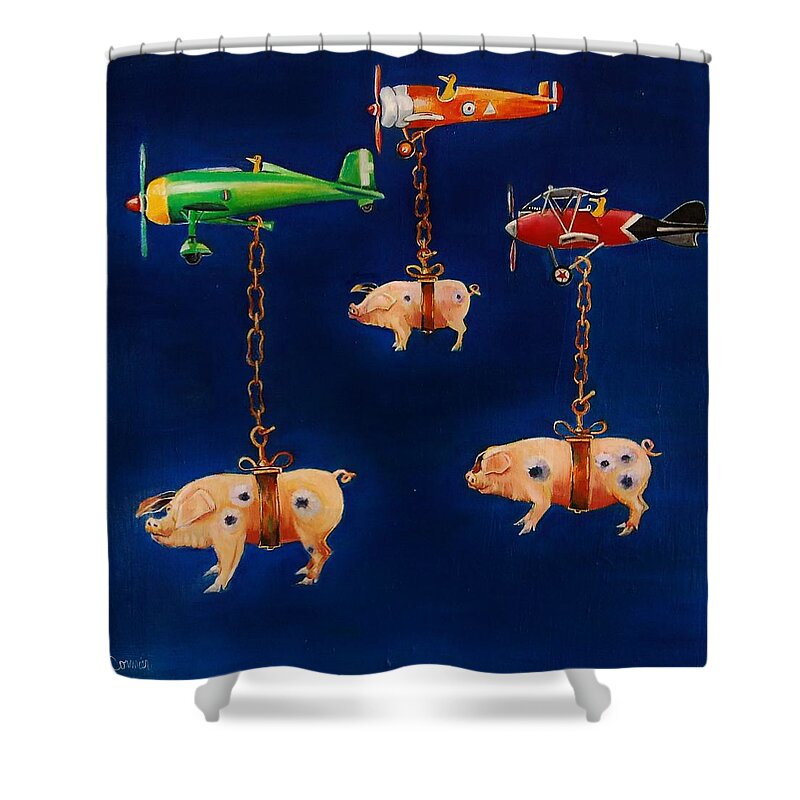 Pigs Shower Curtain featuring the painting How Pigs Learn to Fly by Jean Cormier