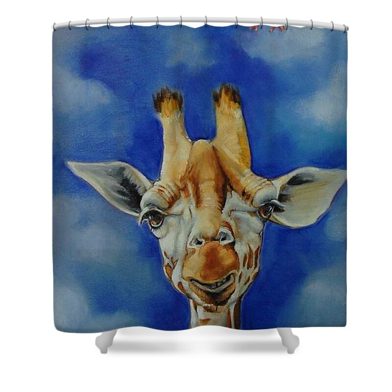 Giraffe Shower Curtain featuring the painting How's The Air Up There? by Jean Cormier