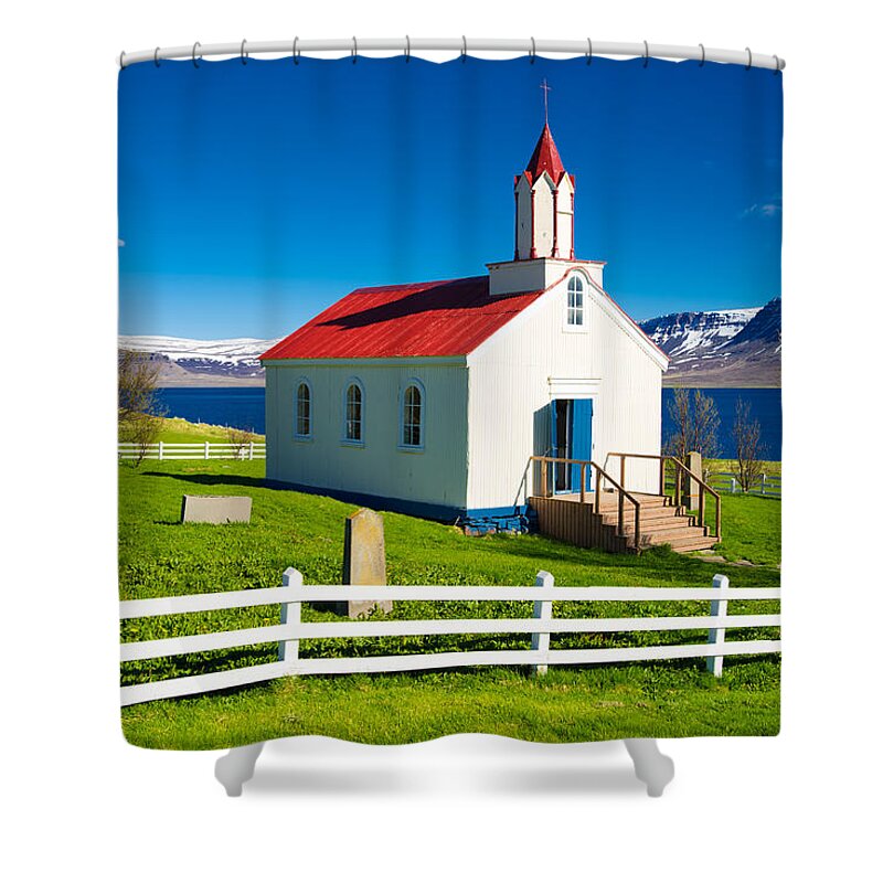 Iceland Shower Curtain featuring the photograph Hrafnseyri church in Iceland by Matthias Hauser