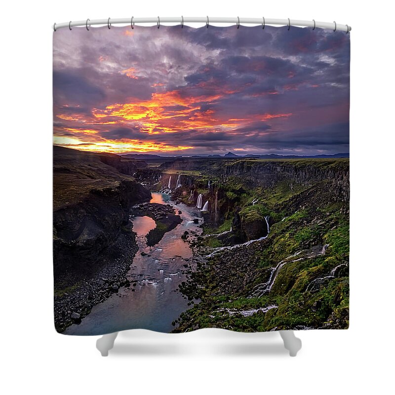Iceland Shower Curtain featuring the photograph Sunrise explodes at Hrauneyjafoss by Usha Peddamatham