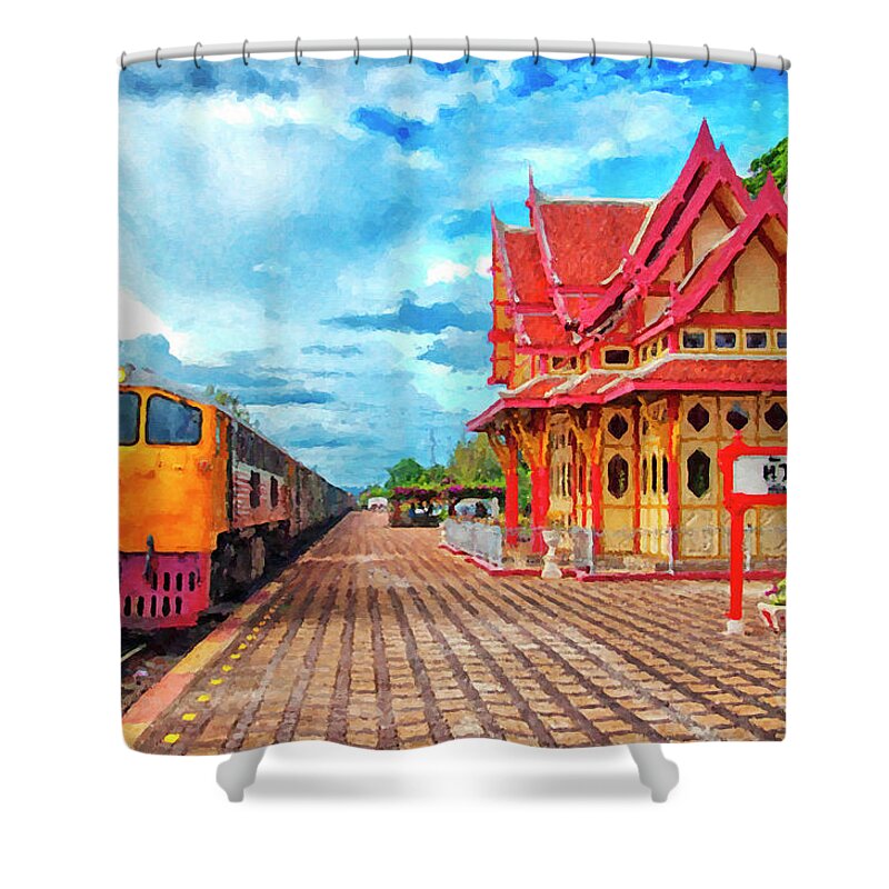 Digital Shower Curtain featuring the photograph Hua Hin Train Station Digital Painting by Antony McAulay
