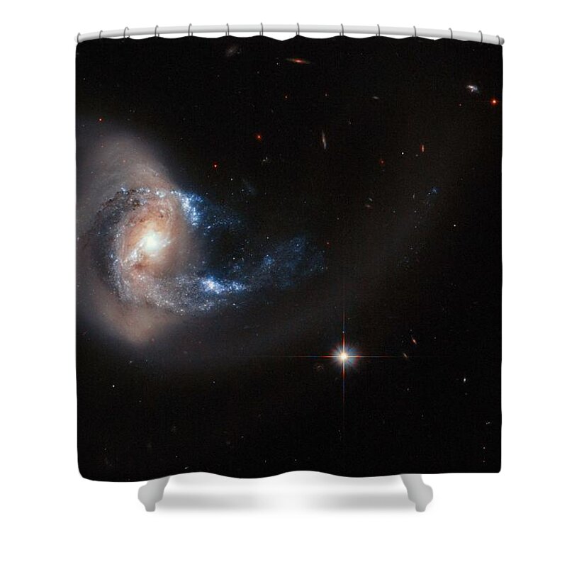 Nebula Shower Curtain featuring the painting Hubble image of NGC 7714 by Celestial Images