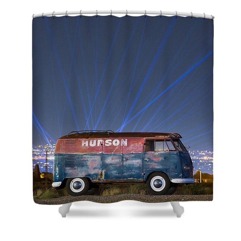 Night Shower Curtain featuring the photograph Hudson Barndoor VW Bus With Laser Lights by Richard Kimbrough