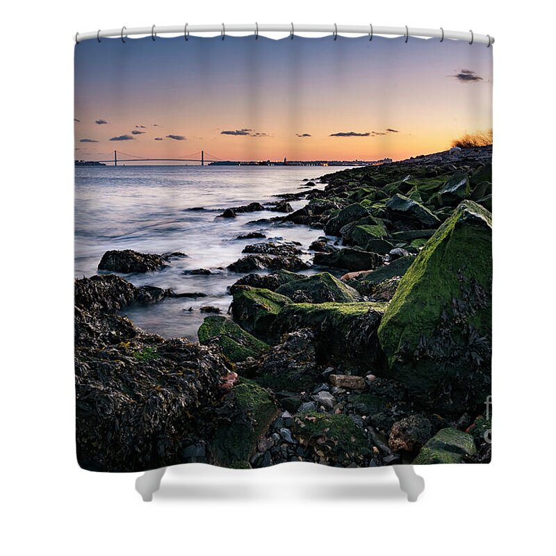 Sunset Shower Curtain featuring the photograph Hudson River and Verrazano-Narrows Bridge by Zawhaus Photography