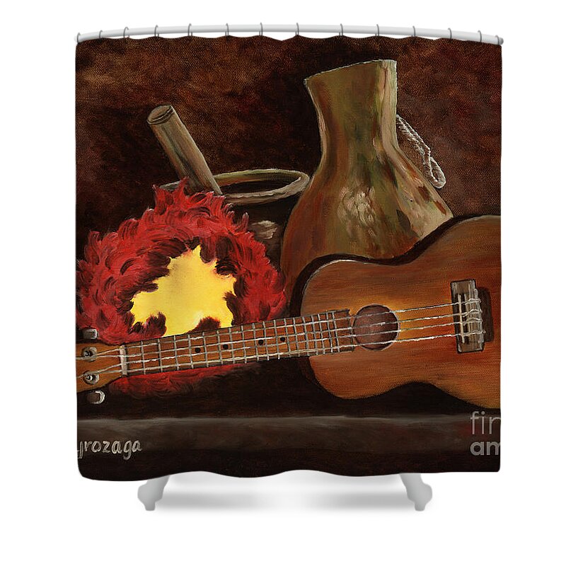 Ukelele Shower Curtain featuring the painting Hula Implements by Larry Geyrozaga