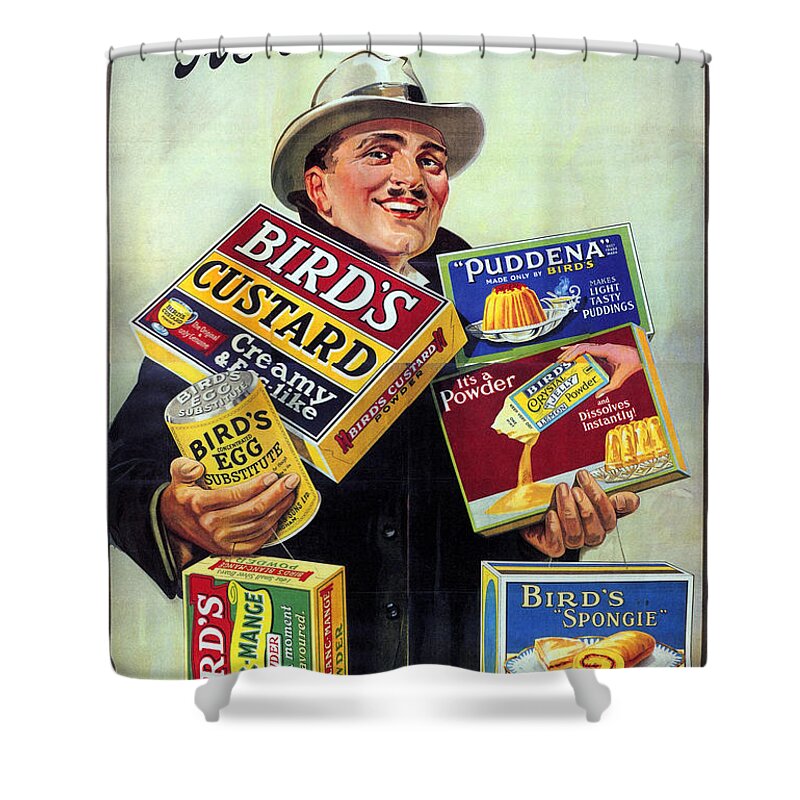 Bird's Shower Curtain featuring the mixed media Hullo Kiddies I've been Shopping - Vintage Confectionery Advertising Poster by Studio Grafiikka
