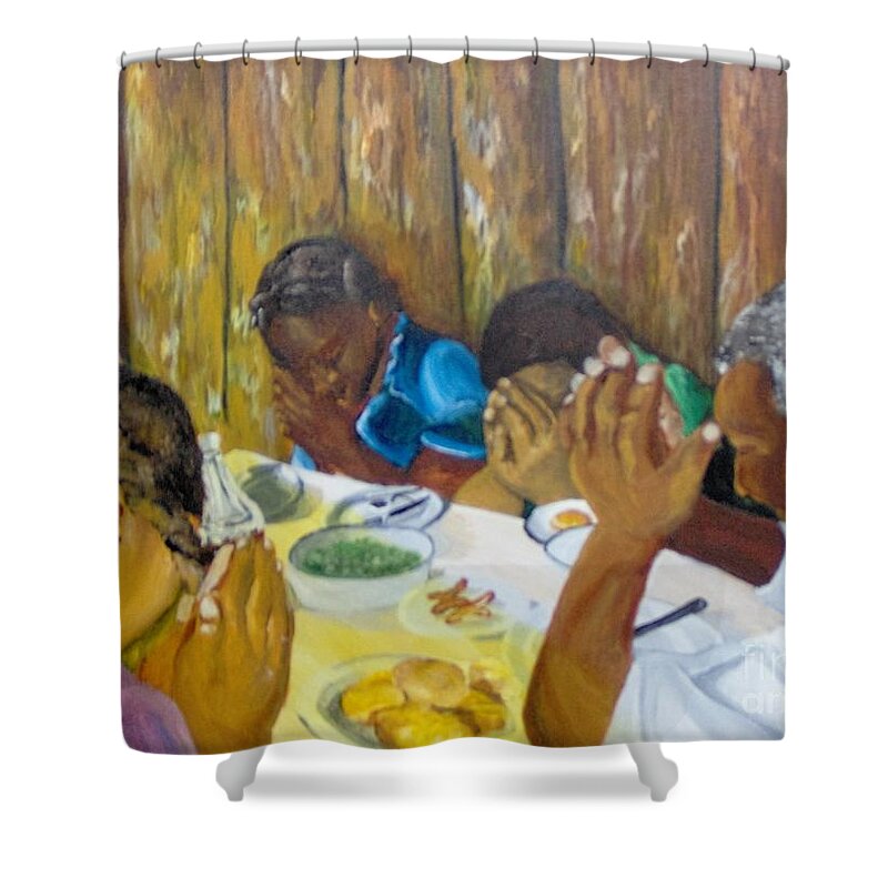 Prayer Shower Curtain featuring the painting Humble Gratitude by Saundra Johnson