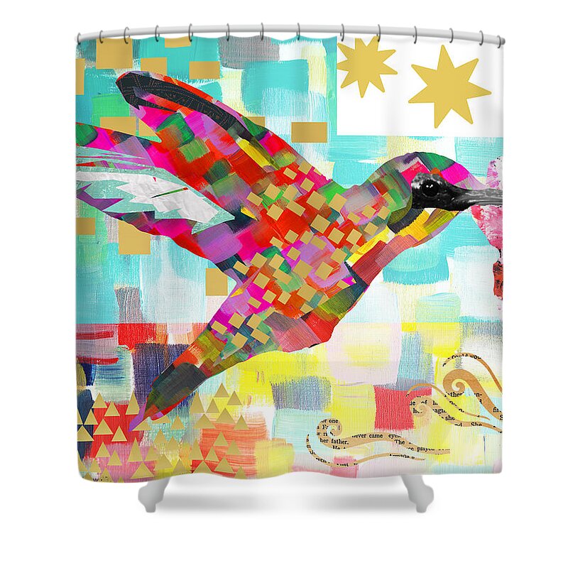 Humming Bird Collage Shower Curtain featuring the mixed media Humming Bird by Claudia Schoen