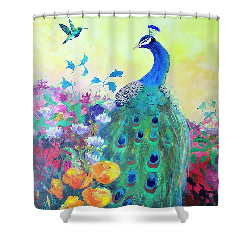 Hummingbird And Peacock Shower Curtain featuring the painting Hummingbird and Peacock by Robin Pedrero