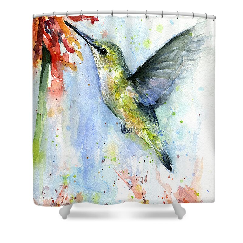 Watercolor Shower Curtain featuring the painting Hummingbird and Red Flower Watercolor by Olga Shvartsur