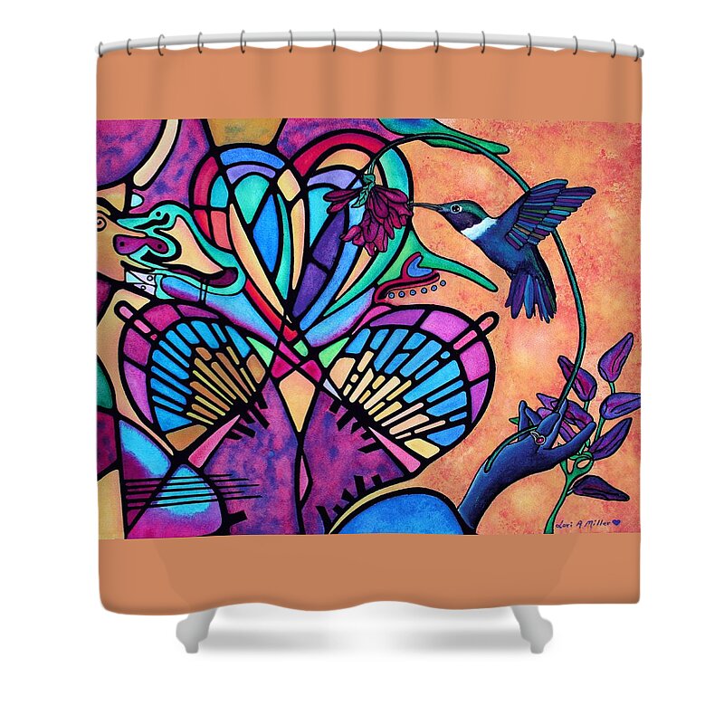 Greeting Cards Shower Curtain featuring the painting Hummingbird and Stained Glass Hearts by Lori Miller