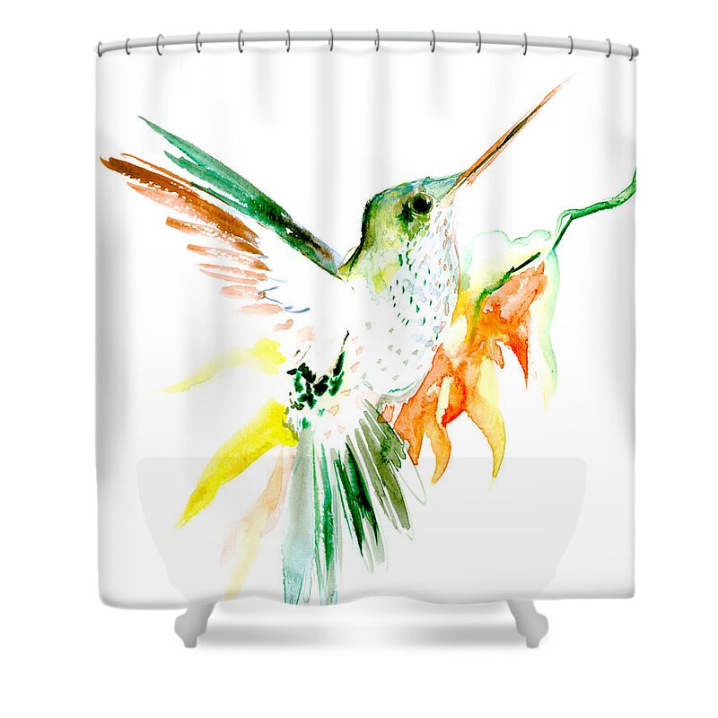 Green Red Shower Curtain featuring the painting Hummingbird Green orange red by Suren Nersisyan