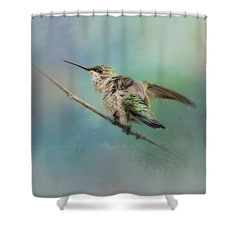 Jai Johnson Shower Curtain featuring the photograph Hummingbird on Mint by Jai Johnson