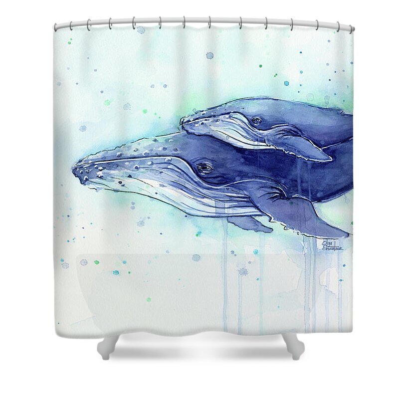 Whale Shower Curtain featuring the painting Humpback Whale Mom and Baby Watercolor by Olga Shvartsur