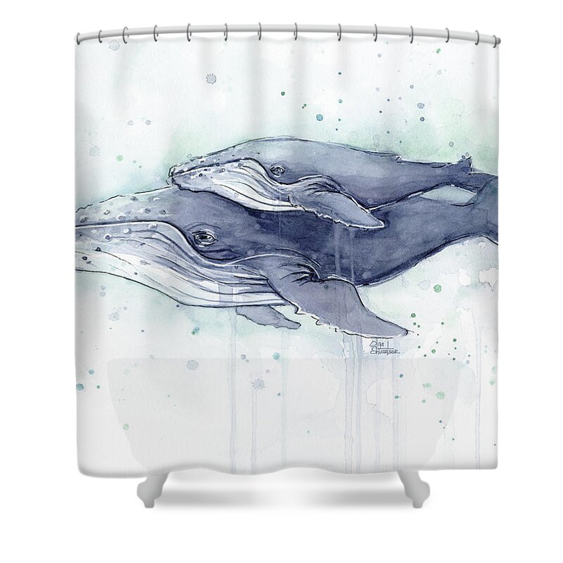 Whale Shower Curtain featuring the painting Humpback Whales Painting Watercolor - Grayish Version by Olga Shvartsur