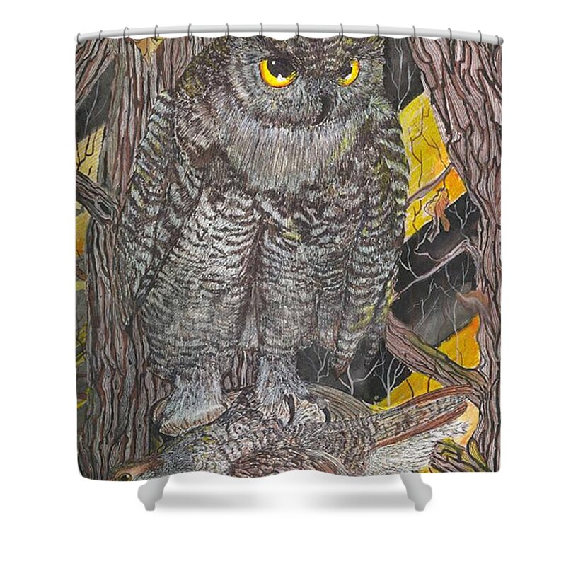Owl Shower Curtain featuring the painting Hunting Owl by Darren Cannell