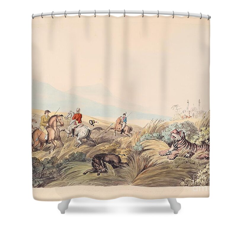 Hunting Scene With Tiger And Boar. People. Animals Shower Curtain featuring the painting Hunting Scene With Tiger And Boar by MotionAge Designs