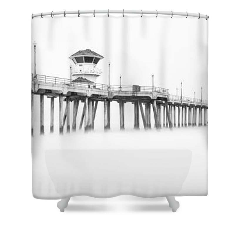 America Shower Curtain featuring the photograph Huntington Beach Pier Panorama in Black and White by Paul Velgos