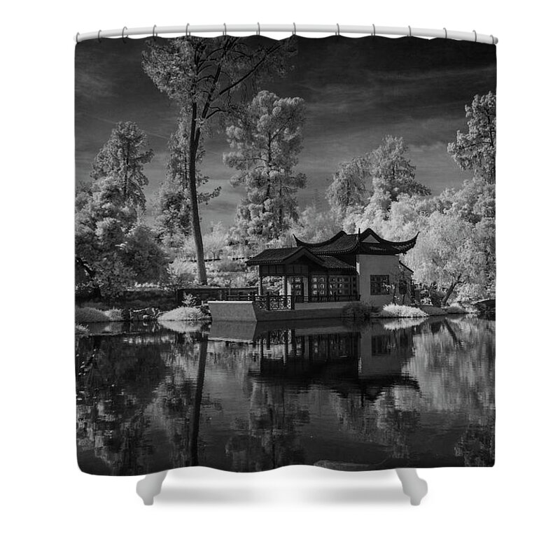 Garden Shower Curtain featuring the photograph Huntington Chinese Botanical Garden in California with Koi Fish in Black and White Infrared by Randall Nyhof