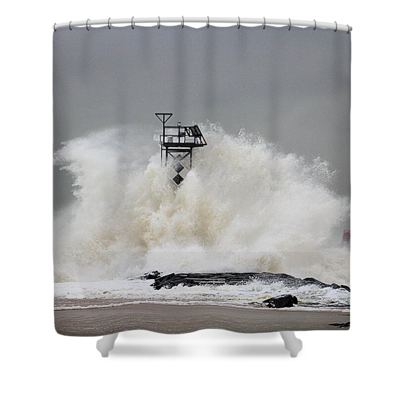 Beach Shower Curtain featuring the photograph Hurricane Jose Wave at the Inlet Jetty by Robert Banach