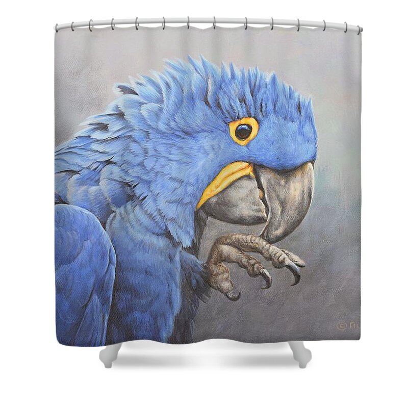 Wildlife Paintings Shower Curtain featuring the painting Hyacinth Macaw by Alan M Hunt