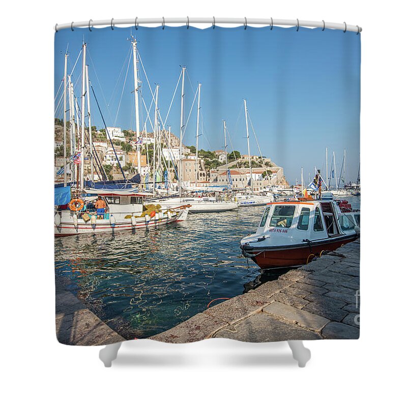 Aegis Shower Curtain featuring the photograph Hydra habour by Hannes Cmarits