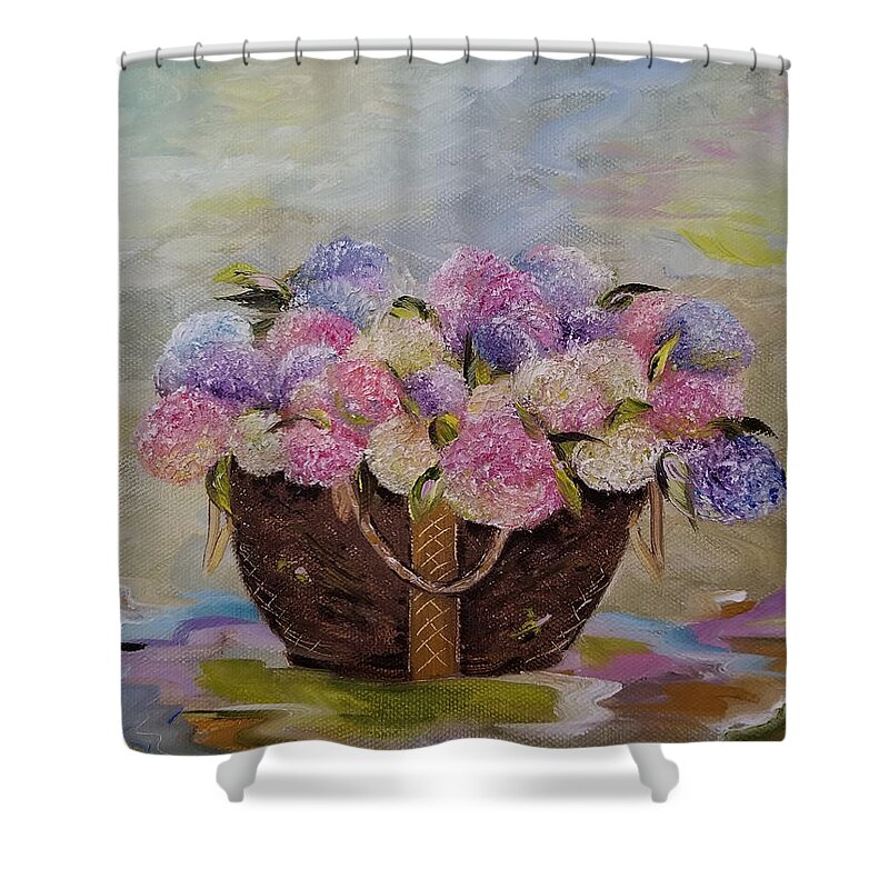Hydrangea Shower Curtain featuring the painting Hydrangea Puddles by Judith Rhue