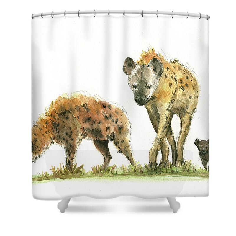 Hyenas Shower Curtain featuring the painting Hyena family by Juan Bosco