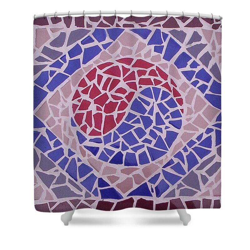 Yin Yang Symbol Shower Curtain featuring the ceramic art I am Together by Suzanne Udell Levinger
