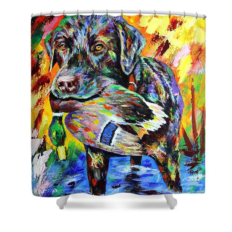 Labrador Retriever Shower Curtain featuring the painting I Can Do This All Day by Karl Wagner
