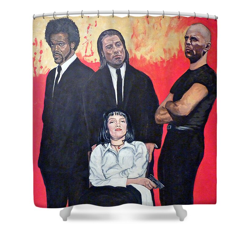 Pulp Fiction Shower Curtain featuring the painting I Don't Smile for Pictures by Tom Roderick