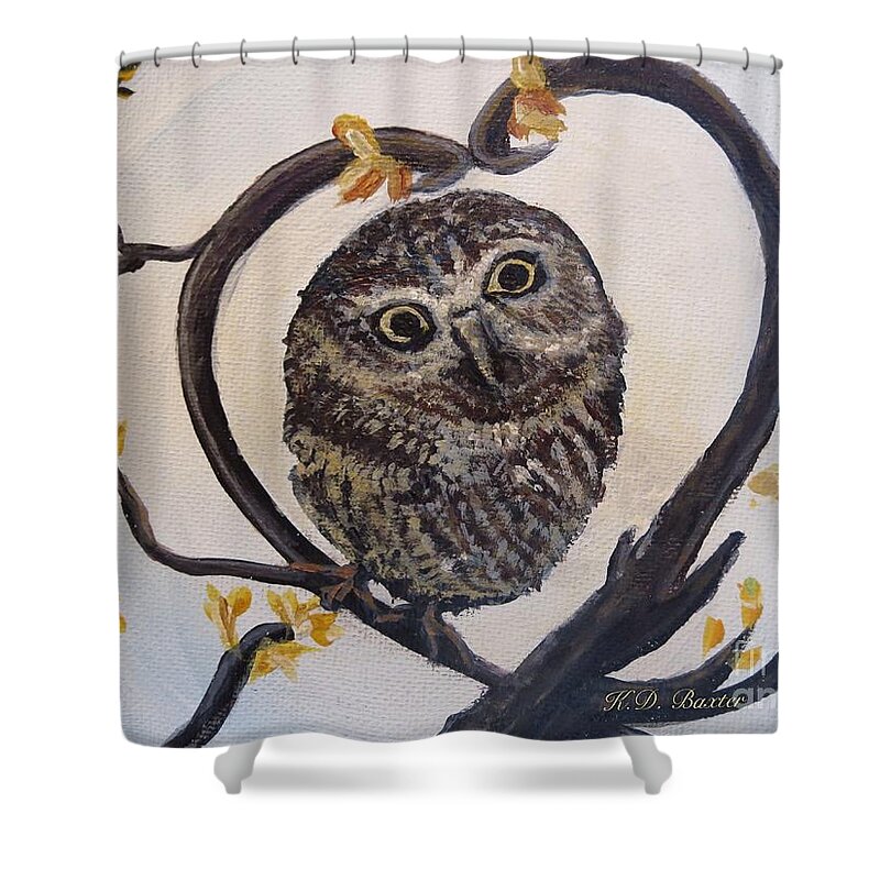 Simplistic And Minimalist Heartshaped Tendrils With Small Yellow Flowers Surround Baby Great Similar To A Horned Owl And An Eagle Owl Symbolic In Representing Beauty And Love From The Heart Children's Artwork Nature Scene Acrylic Paintings Shower Curtain featuring the painting I Heart You by Kimberlee Baxter