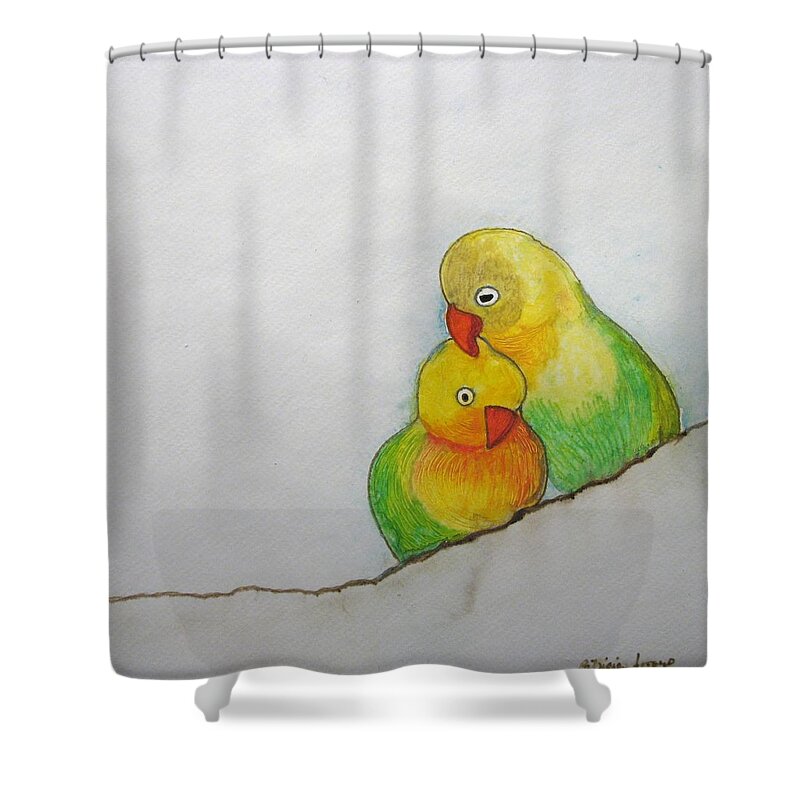 Parakeet Shower Curtain featuring the painting I Love You by Patricia Arroyo
