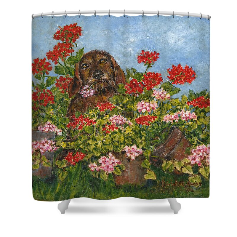 Dog Shower Curtain featuring the painting I picked it just for you by Barbel Amos
