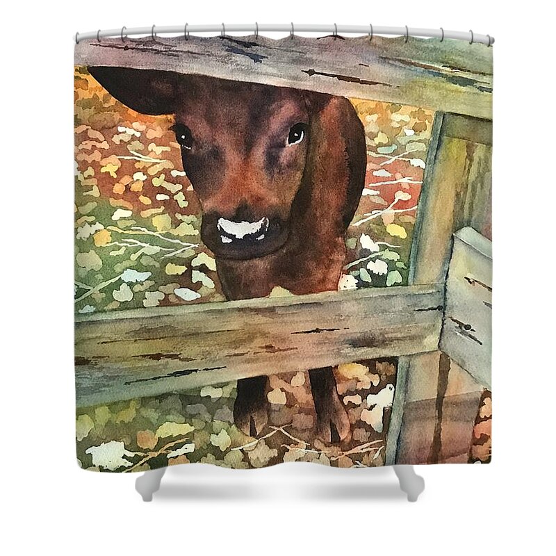 Cow Shower Curtain featuring the painting I Want My Momma by Beth Fontenot