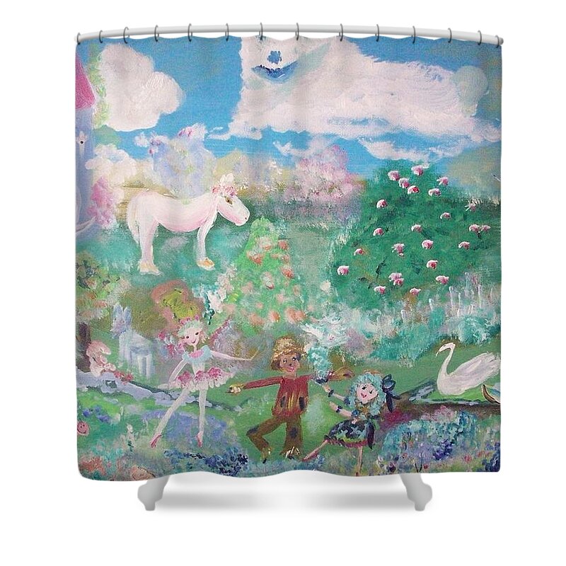 Rabbit Shower Curtain featuring the painting I Want To Be There by Judith Desrosiers