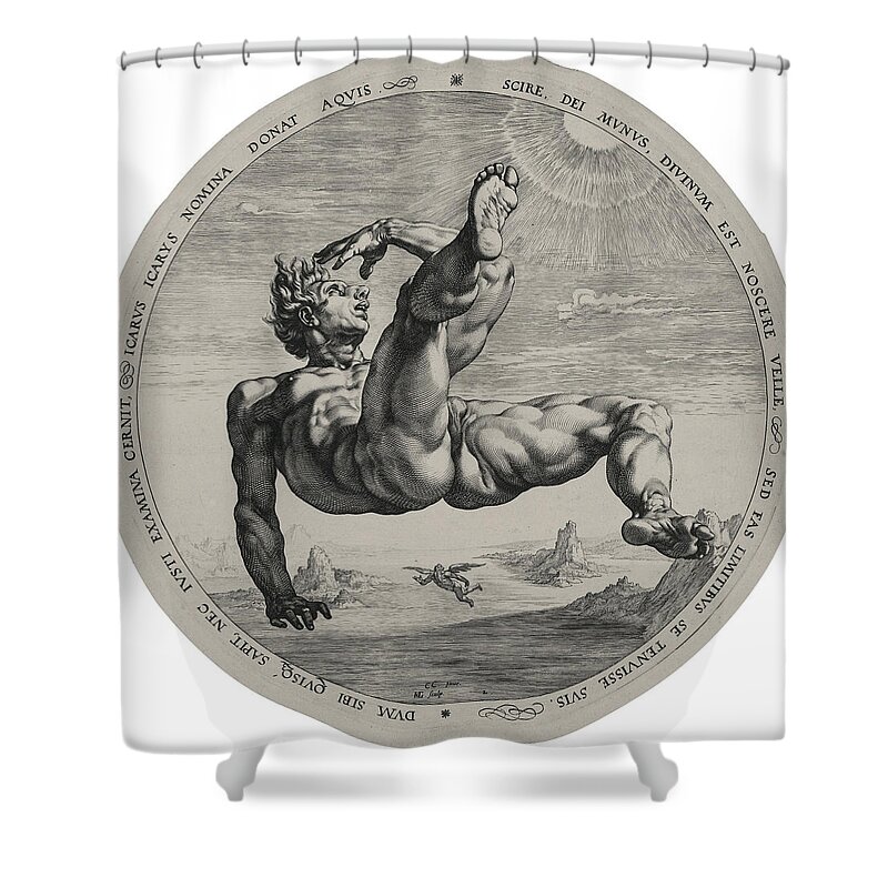 Hendrik Goltzius Shower Curtain featuring the drawing Icarus From The Four Disgracers Series by Hendrik Goltzius