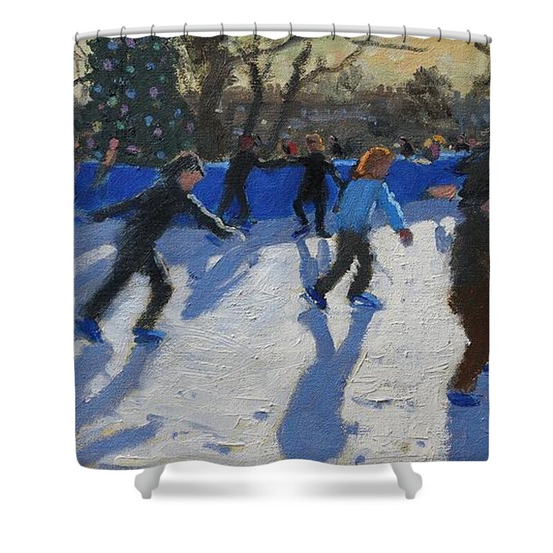 Ice Shower Curtain featuring the painting Ice Skaters at Christmas Fayre in Hyde Park London by Andrew Macara
