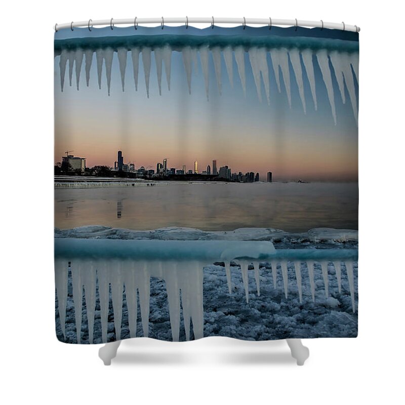 Icicles Shower Curtain featuring the photograph Icicles and Chicago Skyline by Sven Brogren