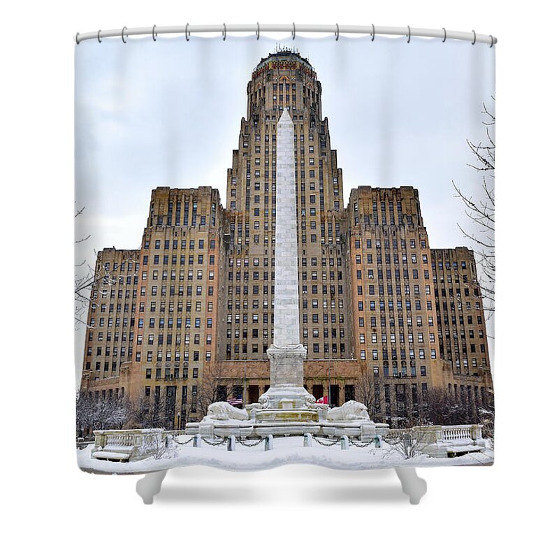 Art Deco Shower Curtain featuring the photograph Iconic Buffalo City Hall in Winter by Nicole Lloyd