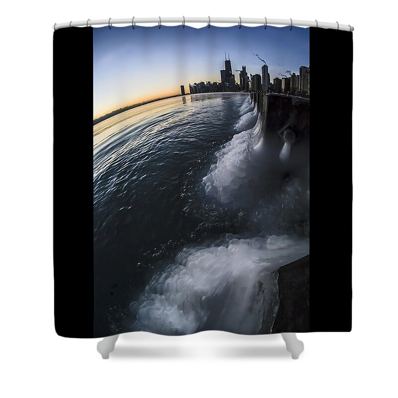 Chicago Shower Curtain featuring the photograph Icy Fisheye view of Chicago Skyline at sun rise by Sven Brogren