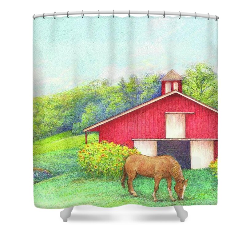 Americana Shower Curtain featuring the painting Idyllic summer landscape barn with horse by Judith Cheng