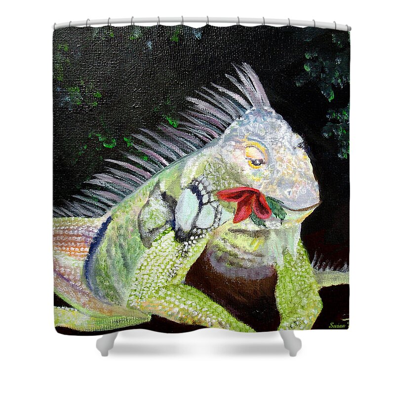 Lizard Shower Curtain featuring the painting Iguana Midnight Snack by Susan Kubes