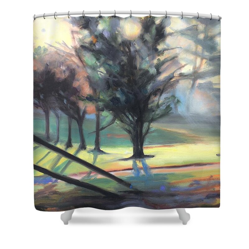 Illuminated Shower Curtain featuring the painting Illuminated Forest by Donna Tuten
